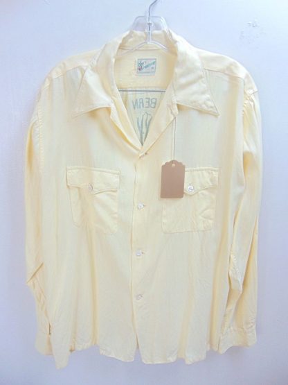 l45s16	1950's	Vintage Sportowne Yellow RAYON  Gabardine Bean Festival vintage shirt L	$60