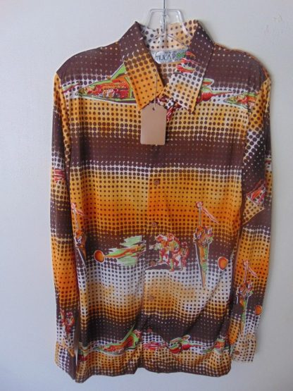 l7s34	1970's	Hukapoo Outer Space Sci Fi poly or nylon vintage shirt L	$90
