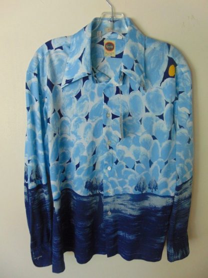 l7s36	1970's	Blue evening in the country art poly or nylon vintage shirt L	 $40
