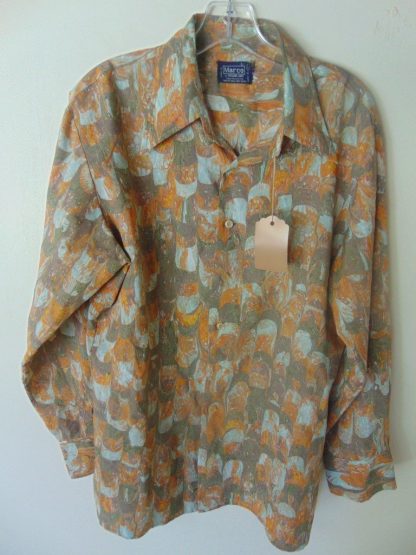 l7s41	1970's	Old paint splotch print poly or nylon vintage shirt L	$30