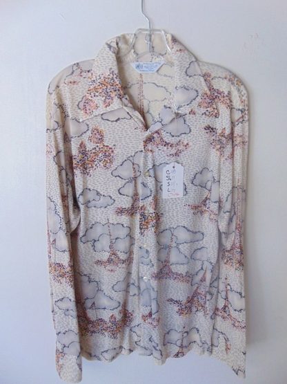 l7s46	1970's	Eifel Tower in a Seurat style print poly or nylon vintage shirt L	$40