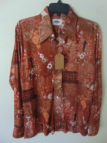 l7s51	1970's	Victorian lady in the Garden poly or nylon vintage shirt L	$40
