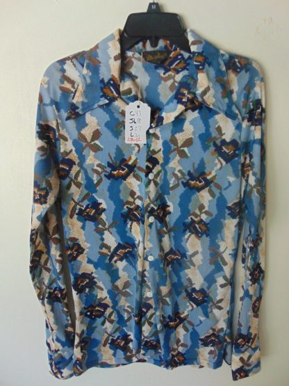 l7s52	1970's	Blue Fun Disco poly or nylon vintage shirt L	$30