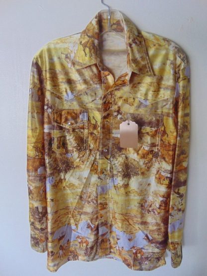 lws38	1970's	Polyester Photo Western Vintage Shirt M	$50