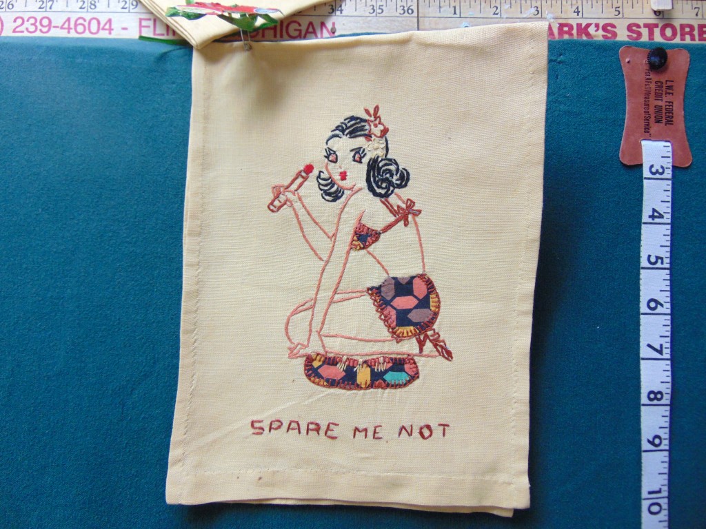 qa26-27 1950's TWO Vintage Embroidered Bikini Girls on cotton $30 - Image 2