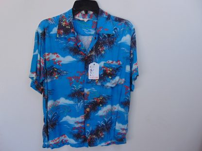 s45h66	1950's	Lovely blue RAYON  vintage Hawaiian shirt Chest size 44 inches 	$150