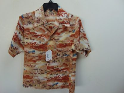 s67h167	1960-70's	Hunting scene? crepe polyester  vintage Hawaiian shirt Chest size 43 inches 	$20