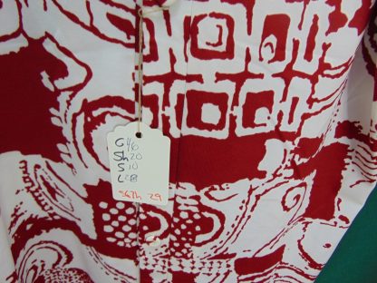 s67h29	1960's	Tapa block print covered buttons polyester  vintage Hawaiian shirt Chest size 46 inches 	$20 - Image 4