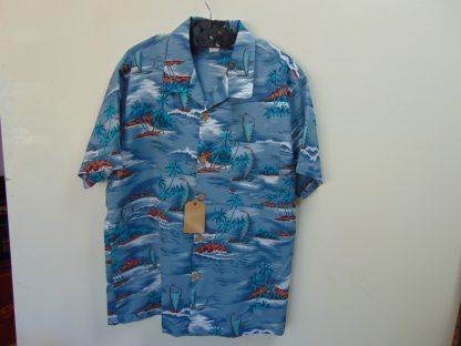 s67h40	1960's	Island theme polyester  vintage Hawaiian shirt Chest size 44 inches 	$20