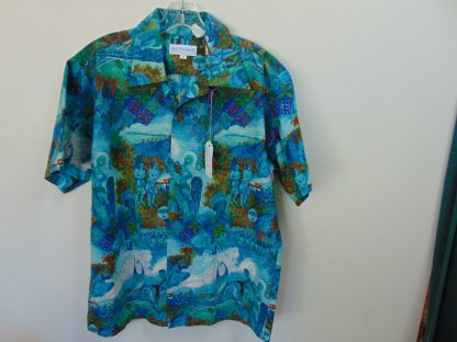 s67h48	1960's	Gauguin Hawaiian Story cotton barkcloth vintage Hawaiian shirt Chest size 47 inches 	$150