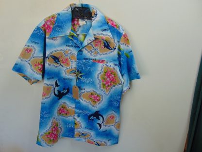 s67h53	1970's	Islands Orcas + Dolphins polyester  vintage Hawaiian shirt Chest size 46 inches 	$30