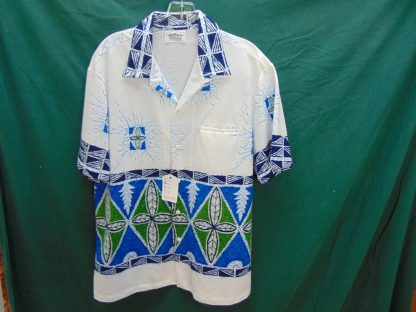 s67h54	1970's	Border covered buttons polyester  vintage Hawaiian shirt Chest size 49 inches 	$40