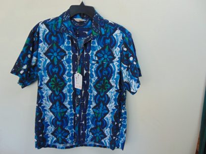 s67h83	1960's	Super Vibrant blue Tapa print cotton vintage Hawaiian shirt Chest size 46 inches 	$30