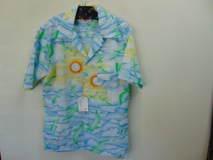 s67h89	1970's	Green Seagulls in Sun polyester  vintage Hawaiian shirt Chest size 42 inches 	$20