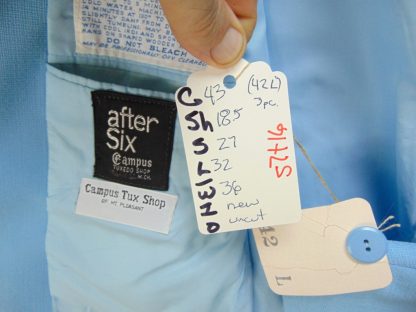 s7t16	1970's	Vintage Deadstock Powder Blue Polyester with Ribbon trim Single Breasted medium weight suit Chest size 43 inches	$250 - Image 6
