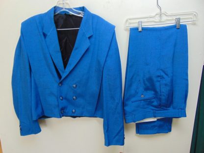 s7t23	1980's	Blue Shiney  NEW KIDS ON THE BLOCK Double Breasted light weight Vintage suit Chest size 45 inches	$150