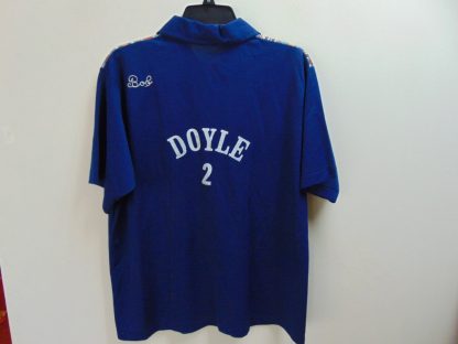 ssb39	1970's	Two tone Blue polo Vintage Bowling Shirt  poly Chest size 46 inches	$30