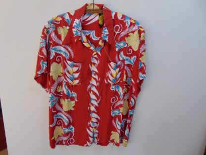 xx34	1940-50's	 Vintage Rayon Vertical Border Hawaiian  Shirt	$500