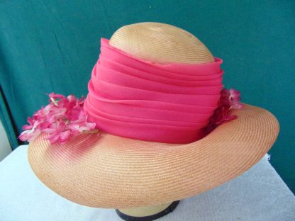 wh2	  Vintage Womans Floppy Summer Hat size (est.6 5/8) front to back  7in. side to side  6 1/4in. Brim  4in. Crown 5 1/4in.	$8 	the pink flowers dyed through underneath - Image 2