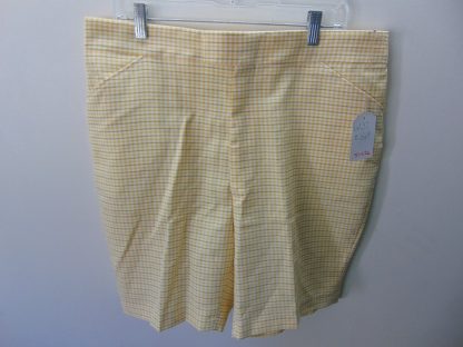 sns26	1970's	Vintage Polyester Plaid Yellow Shorts 	$20 	Waist 37in.  Length 20 1/2in.
