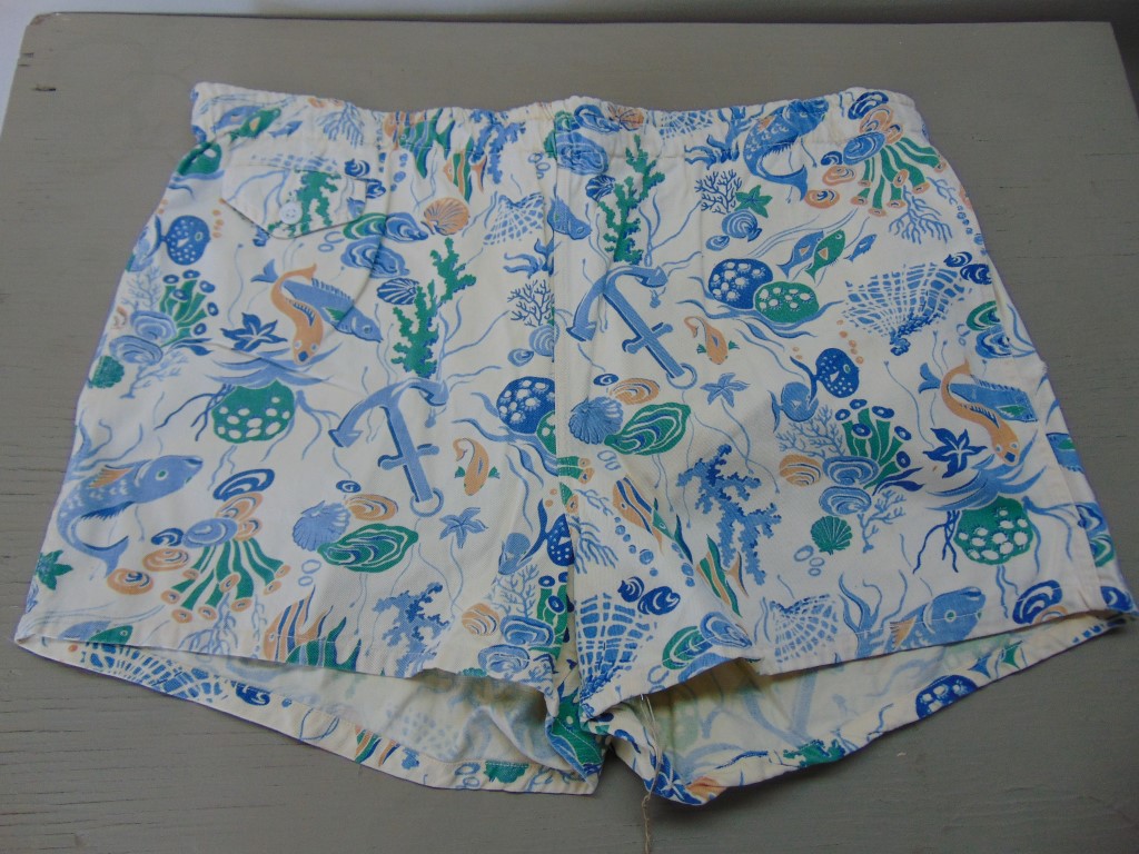 sws41 1940-50’s Vintage Under Sea Print Swim Cotton Shorts tear 1 ...