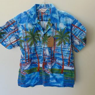 s67h195	1960's	cotton vintage sweet Harbor border print  Hawaiian shirt Chest size 44 inches 	$50