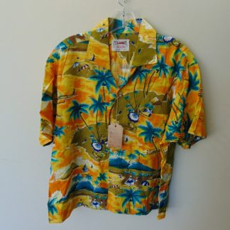s67h199	1960's	Japanese RAYON Cartoon beach theme vintage Hawaiian shirt-jac Chest size 46 inches 	$80