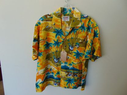 s67h199	1960's	Japanese RAYON Cartoon beach theme vintage Hawaiian shirt-jac Chest size 46 inches 	$80