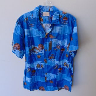 s67h218	1960's	Royal Hawaiian Asian theme heavy cotton vintage Hawaiian shirt Chest size 43 inches 	$20