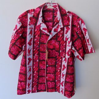 s67h224	1970's	Tapa vertical border polyester vintage Hawaiian shirt Chest size 45 inches 	$20