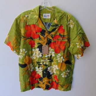 s67h229	1960's	Hoaloha Floral border cotton vintage Hawaiian shirt Chest size 45 inches 	$40