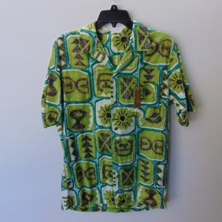 s67h233	1960's	Green Tapa cotton vintage Hawaiian shirt Chest size 43 inches 	$30