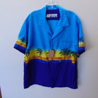 s67h234	1970's	Beach Sunset border print polyester vintage Hawaiian shirt Chest size 48 inches 	$20 	changed buttons are cool