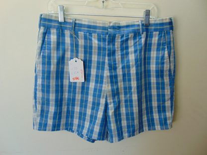 sns60	1960's	Vintage Blue Plaid perma press Shorts	$30 	Waist 35in.  Length 15.5 in.